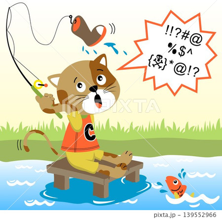 Cat fishing in river gets shoe, fish on water, vector cartoon illustration Cat fishing in river gets shoe, fish on water, vector cartoon illustration 139552966