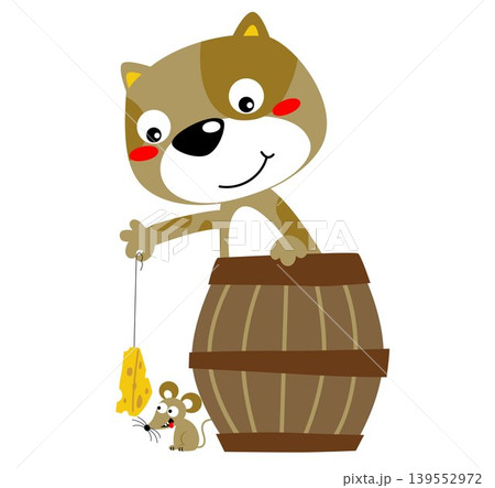 Funny cat in wooden barrel trap mice with cheese, vector cartoon illustration Funny cat in wooden barrel trap mice with cheese, vector cartoon illustration 139552972