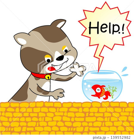 bad cat disturbing a fish in jar, vector cartoon illustration 139552982