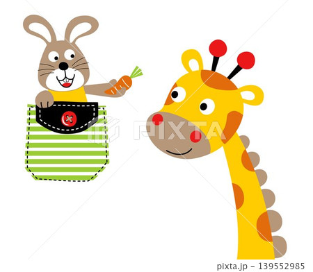 Nice giraffe with bunny on pocket, vector cartoon illustration Nice giraffe with bunny on pocket, vector cartoon illustration 139552985