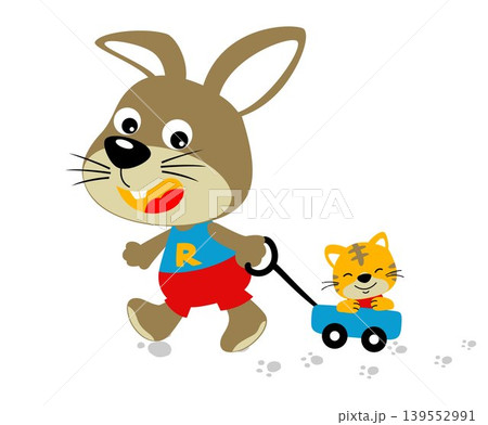 Cute bunny pulling cat with cart, vector cartoon illustration Cute bunny pulling cat with cart, vector cartoon illustration 139552991