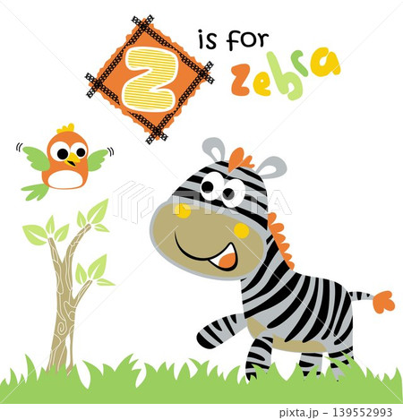 funny zebra with little bird, vector cartoon illustration 139552993