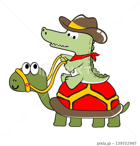 Cute crocodile wearing cowboy cap ride on giant turtle, vector cartoon illustration 139552997