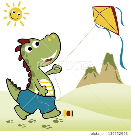 Cute dinosaur playing kite on volcanoes background with smiling sun, vector cartoon illustration Cute dinosaur playing kite on volcanoes background with smiling sun, vector cartoon illustration 139552998