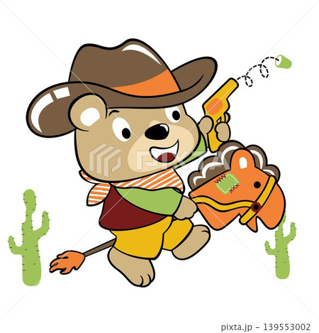 Funny bear in cowboy costume with gun toy riding stick horse, vector cartoon illustration 139553002