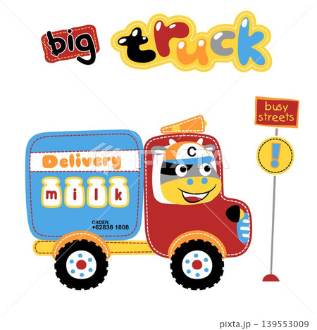 Funny cow on milk delivery truck, vector cartoon illustration 139553009