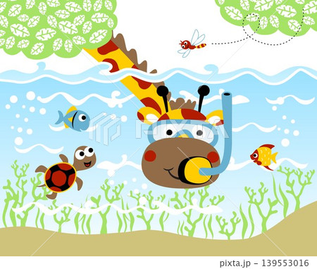 Funny giraffes wearing diving goggles with marine animals and dragonfly, vector cartoon illustration 139553016