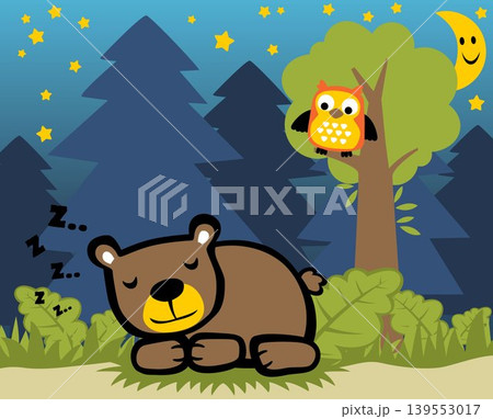 Cute bear sleeping with funny owl on tree at night under crescent moon, vector cartoon illustration Cute bear sleeping with funny owl on tree at night under crescent moon, vector cartoon illustration 139553017