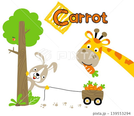 Funny giraffe eating carrot, cute rabbit in tree pulling carrots with cart, vector cartoon illustration 139553294