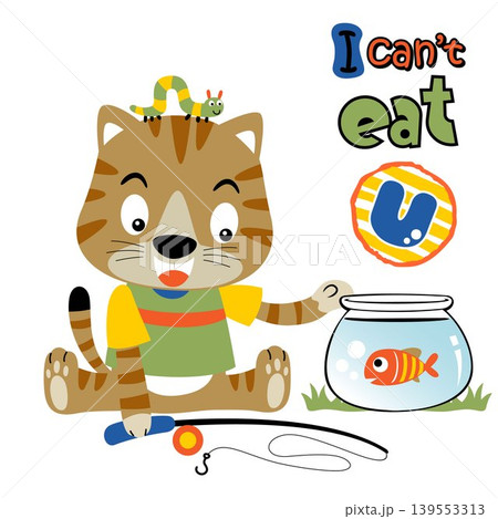 Little cat with fishing tackle, caterpillar on cat's head, fish in the jar, vector cartoon illustration Little cat with fishing tackle, caterpillar on cat's head, fish in the jar, vector cartoon illustration 139553313