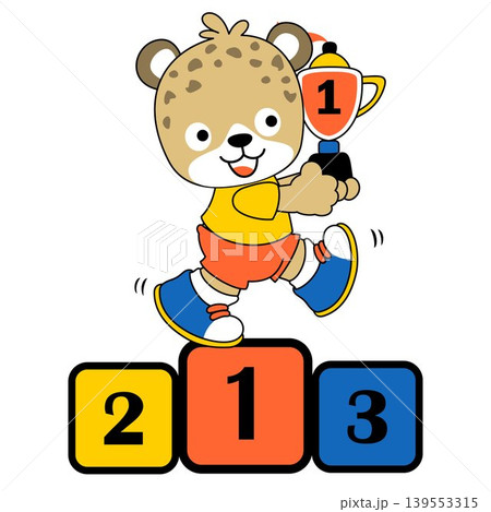 little tiger with a trophy on a podium, vector cartoon illustration little tiger with a trophy on a podium, vector cartoon illustration 139553315