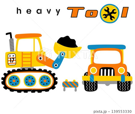 Construction vehicles, backhoe loader and dump truck, vector cartoon illustration Construction vehicles, backhoe loader and dump truck, vector cartoon illustration 139553330