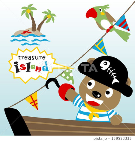Cute bear in pirate costume with parrot on ship, pirate elements, vector cartoon illustration Cute bear in pirate costume with parrot on ship, pirate elements, vector cartoon illustration 139553333