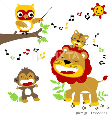 Cute animals singing together in the jungle with smiling sun, vector cartoon illustration Cute animals singing together in the jungle with smiling sun, vector cartoon illustration 139553334