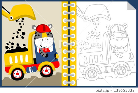 Vector cartoon of cute zebra on dump truck with backhoe loader, coloring book or page Vector cartoon of cute zebra on dump truck with backhoe loader, coloring book or page 139553338