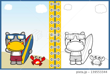 Cute hippo holding surfboard with crab, vector cartoon illustration, coloring page or book Cute hippo holding surfboard with crab, vector cartoon illustration, coloring page or book 139553344