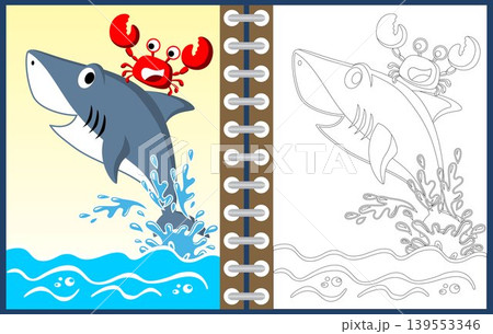 Vector cartoon of shark with crab in the sea, coloring page or book Vector cartoon of shark with crab in the sea, coloring page or book 139553346