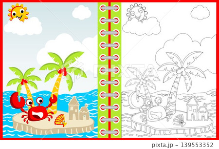Vector cartoon of summer time with crab and shellfish in small island, coloring page or book Vector cartoon of summer time with crab and shellfish in small island, coloring page or book 139553352