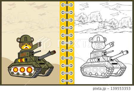Cute bear soldier on armored vehicle, vector cartoon illustration, coloring page or book Cute bear soldier on armored vehicle, vector cartoon illustration, coloring page or book 139553353