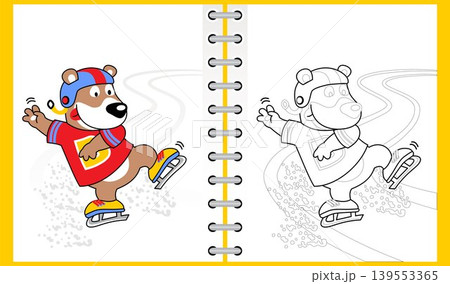 Ice skating with funny bear, coloring book or page, vector cartoon illustration 139553365