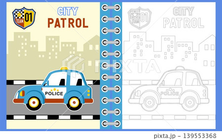 vector cartoon of police car on buildings background, coloring book or page vector cartoon of police car on buildings background, coloring book or page 139553368