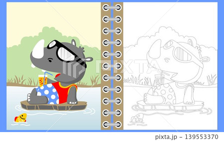 Cute rhino cartoon holding soft drink relaxing in the swamp with little fish, coloring book or page 139553370
