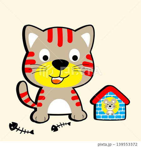 Funny cat and mice with fish bone, vector cartoon illustration Funny cat and mice with fish bone, vector cartoon illustration 139553372