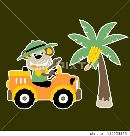 Cute monkey driving car, banana tree, vector cartoon illustration Cute monkey driving car, banana tree, vector cartoon illustration 139553376