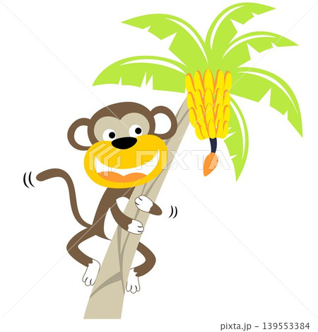 Funny monkey climbing banana tree, vector cartoon illustration Funny monkey climbing banana tree, vector cartoon illustration 139553384