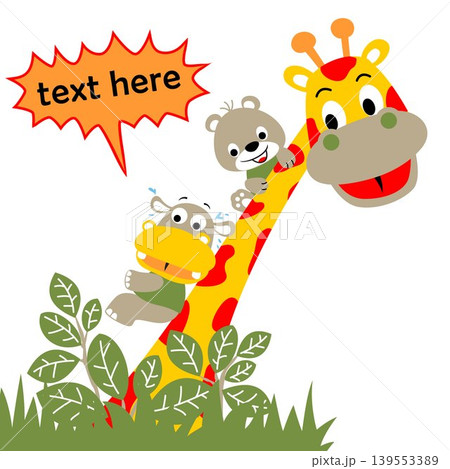 Little bear and hippo sliding on giraffe's neck, vector cartoon illustration Little bear and hippo sliding on giraffe's neck, vector cartoon illustration 139553389