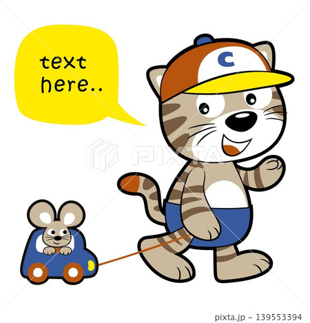 Vector illustration of funny cat with a mice on car toy Vector illustration of funny cat with a mice on car toy 139553394