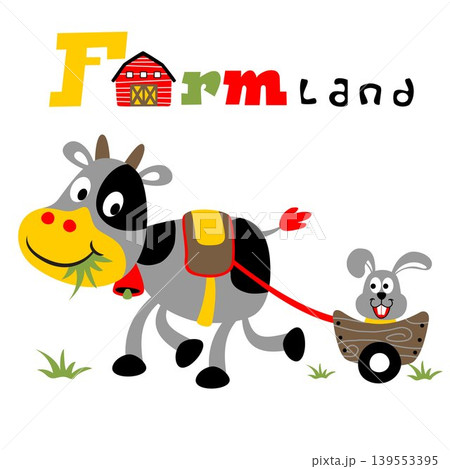 Funny cow pulling bunny with cat, farming element, vector cartoon illustration Funny cow pulling bunny with cat, farming element, vector cartoon illustration 139553395