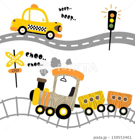Cartoon vector of taxi on the road with steam train on railway, transportation elements Cartoon vector of taxi on the road with steam train on railway, transportation elements 139553401
