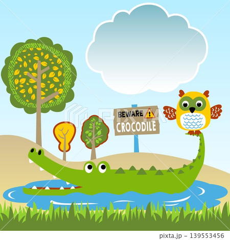 Funny crocodile with owl in swamp, woodland animals, vector cartoon illustration 139553456