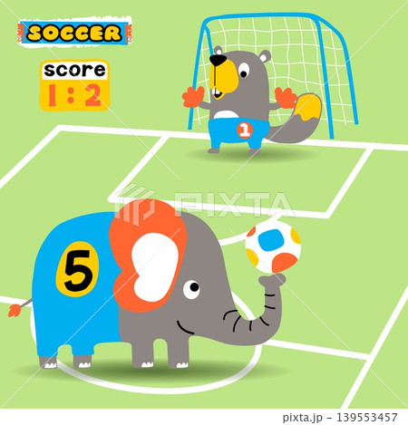 Cute elephant with beaver playing soccer, vector cartoon illustration Cute elephant with beaver playing soccer, vector cartoon illustration 139553457