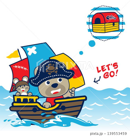 vector cartoon of funny bear and mice in pirate costume on sailboat with treasure chest vector cartoon of funny bear and mice in pirate costume on sailboat with treasure chest 139553459