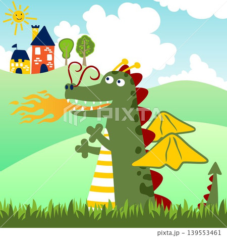 vector cartoon illustration of funny dragon with small castle vector cartoon illustration of funny dragon with small castle 139553461