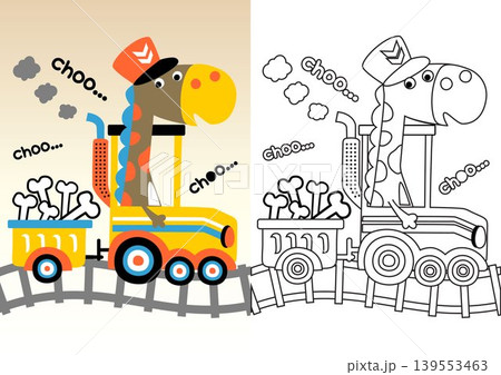 Cute dinosaur on steam train loading bones, vector cartoon, coloring book or page Cute dinosaur on steam train loading bones, vector cartoon, coloring book or page 139553463
