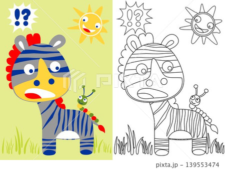 Zebra are afraid of caterpillar, vector cartoon illustration, coloring book or page 139553474