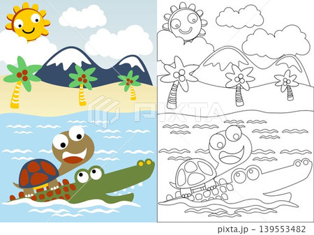 Cute turtle ride on crocodile in the beach, coloring book or page, vector cartoon illustration Cute turtle ride on crocodile in the beach, coloring book or page, vector cartoon illustration 139553482