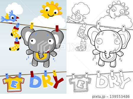 funny elephant in clothesline with little bird, smiling sun behind clouds, coloring book or page, vector cartoon funny elephant in clothesline with little bird, smiling sun behind clouds, coloring book or page, vector cartoon 139553486