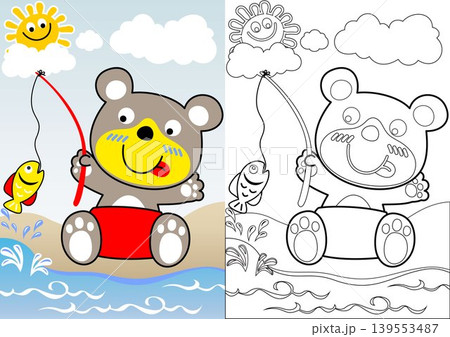 Cute bear fishing on blue sky background, smiling sun behind clouds, coloring book or page, vector cartoon Cute bear fishing on blue sky background, smiling sun behind clouds, coloring book or page, vector cartoon 139553487