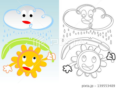 Funny sun holding banana leaf at raining with cute cloud, vector cartoon, coloring book or page Funny sun holding banana leaf at raining with cute cloud, vector cartoon, coloring book or page 139553489