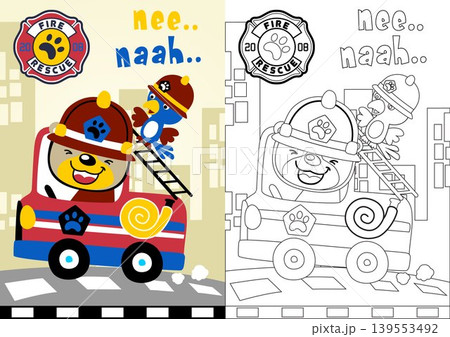 Cute bear with little bird on firetruck on buildings background, vector cartoon, coloring book or page Cute bear with little bird on firetruck on buildings background, vector cartoon, coloring book or page 139553492