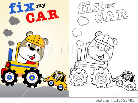 Cute bear driving tractor pulling mice on car, vector cartoon illustration, coloring book or page 139553493