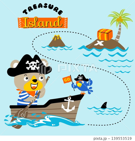 Funny bear in pirate costume with parrot on rowboat, pirate sailing elements, vector cartoon illustration 139553519