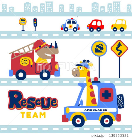 City traffic elements with rhino on fire truck, giraffe on ambulance, vector cartoon illustration City traffic elements with rhino on fire truck, giraffe on ambulance, vector cartoon illustration 139553521