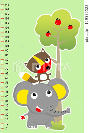 meter wall with funny elephant and squirrel, cute animals with fruit tree, vector cartoon illustration meter wall with funny elephant and squirrel, cute animals with fruit tree, vector cartoon illustration 139553522