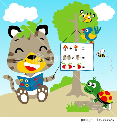 learn to count in the forest with funny animals cartoon, vector cartoon illustration learn to count in the forest with funny animals cartoon, vector cartoon illustration 139553523