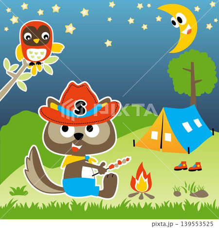Cute squirrel with owl in camping ground at night, vector cartoon illustration 139553525